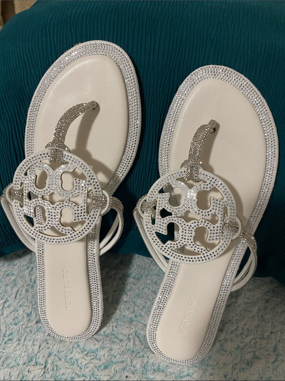 Tory Burch White Crystal-Embellished Miller Thong Sandals